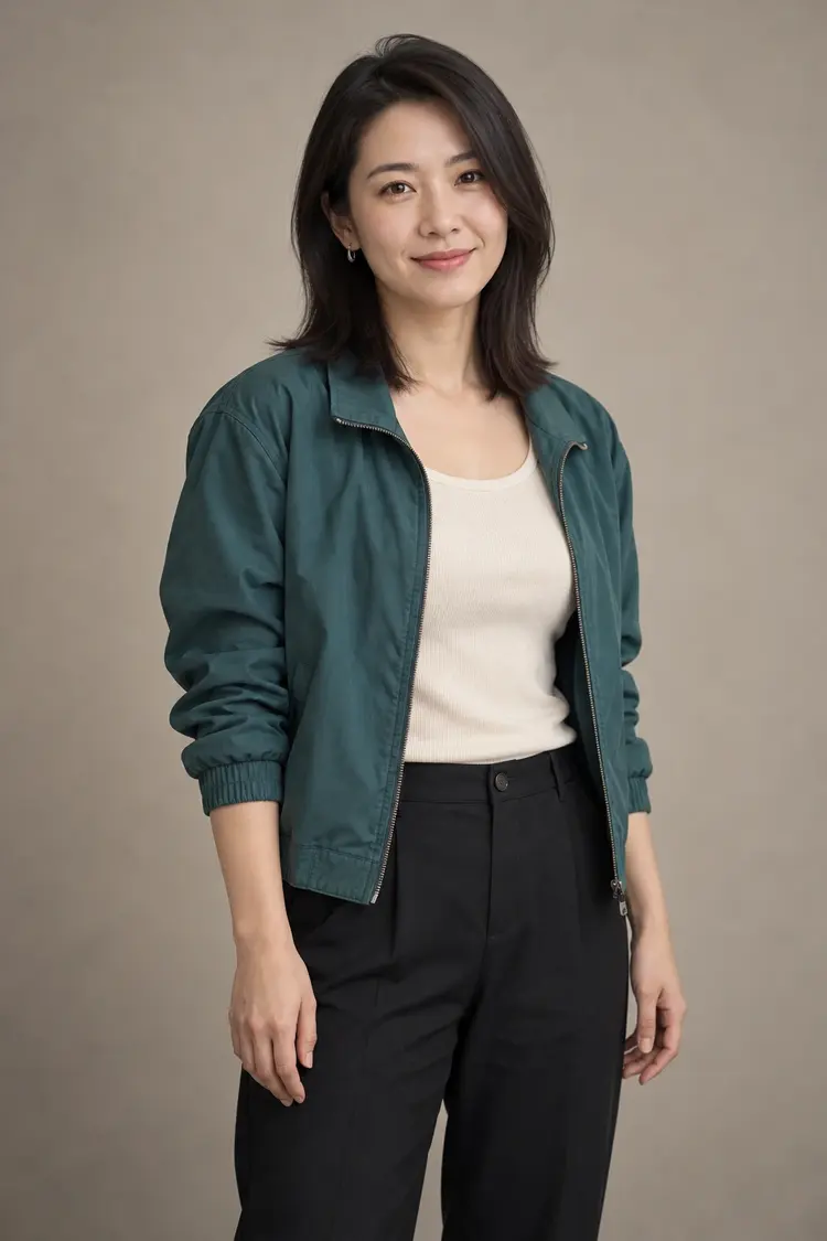 Example portrait of an adult woman in a teal jacket